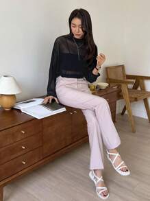 DAZY 高领落肩透视上衣，无抹胸，外出上衣，长袖女式上衣，秋季女装 - 黑色 - 查看 5