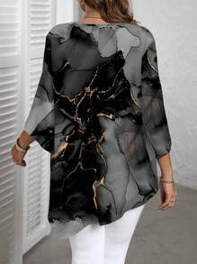 EMERY ROSE Plus Size Water-Ink Marble Textured Pattern Round Neck Long Sleeve Shirt, Suitable For Spring And Autumn Asymmetrical Blouse Autumn And Winter Chic Blouses For Women - Multicolor - View 2