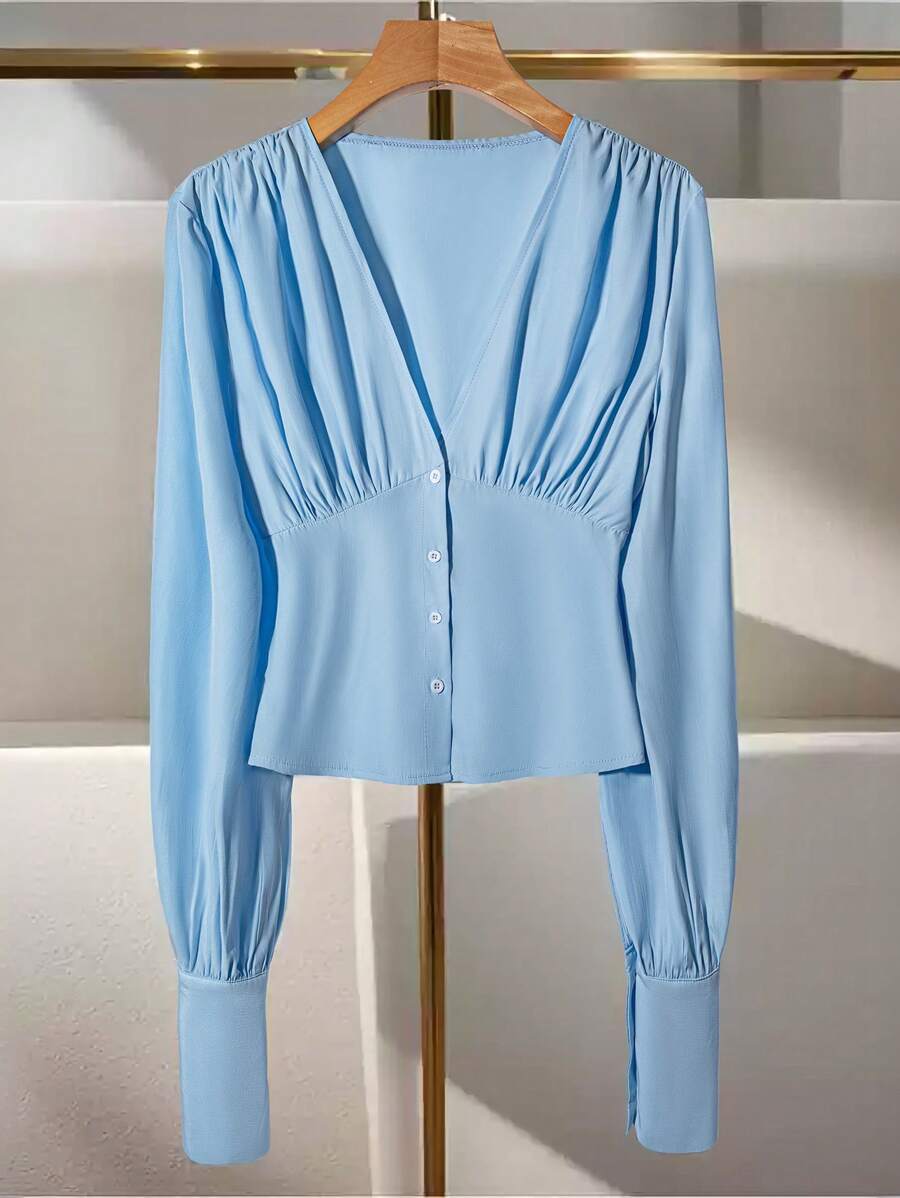 Franclia 女士长袖单排扣褶裥衬衫，腰部收褶设计，适合大学穿着 - 藍色 - 查看 1