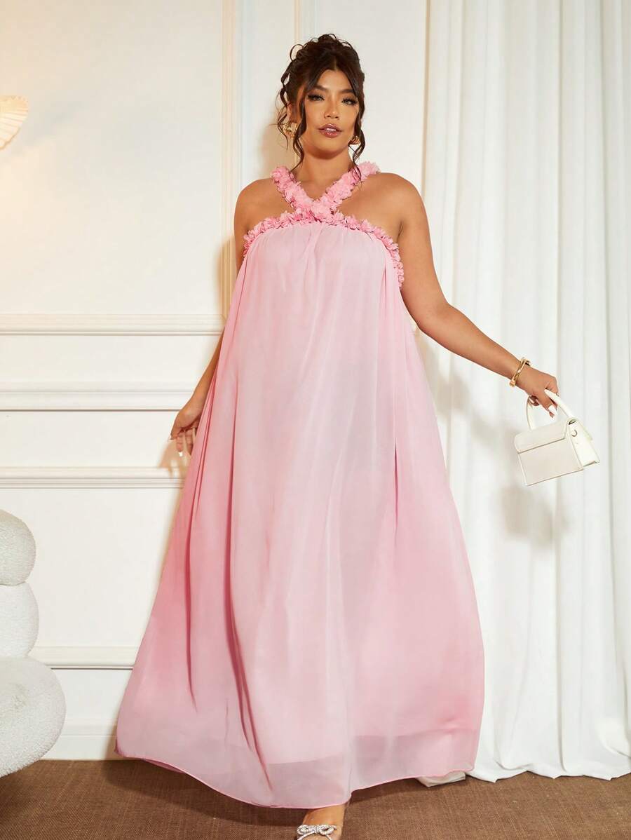 Cravure Plus Size Women's Solid Color 3D Floral Trim Adjustable Spaghetti Strap Flared Romantic Elegant Dress, Summer