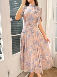 Modelyn 花卉印花系带腰褶饰女式优雅连衣裙 - 粉色 - 查看 1