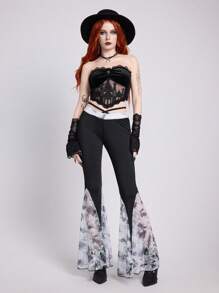 ROMWE Goth Pantalones largos de campana con diseño de encaje y venda de estilo gótico de cintura baja para mujeres - Negro - Ver 4