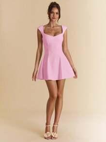 SHEIN BAE 纯色白色方领露背泡泡袖连衣裙，优雅女士夏季迷你连衣裙，适合约会之夜、伴娘和正式场合，春夏季