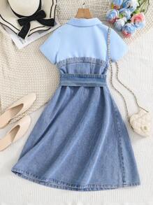 Tween Girls Patchwork Denim 2 In 1 Dress - Teal Blue - View 2