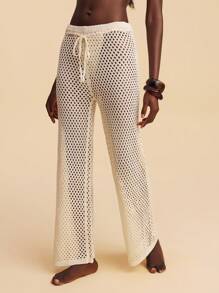 Travachic Women Solid Color Hollow Out Knitted Cover Up Pants,Beach,Summer,Vacation, Crochet - Apricot - View 3