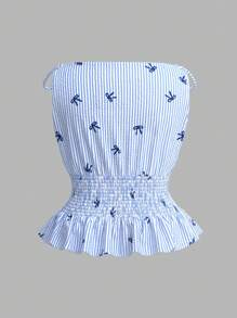SHEIN MOD Plus Size Blue & White Stripe Bow Print Fitted Sleeveless Top, Vacation Cropped Cami