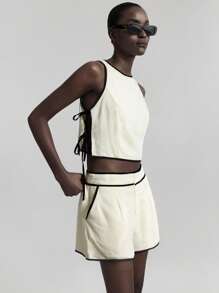Ontre 女士浅杏色亚麻夏季度假休闲撞色装饰背心和短裤两件套 - 黑與白 - 查看 4
