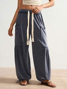 Bohemela Plus Size Drawstring Waist Loose Pocket Wide Leg Pants - Dark Grey - View 4