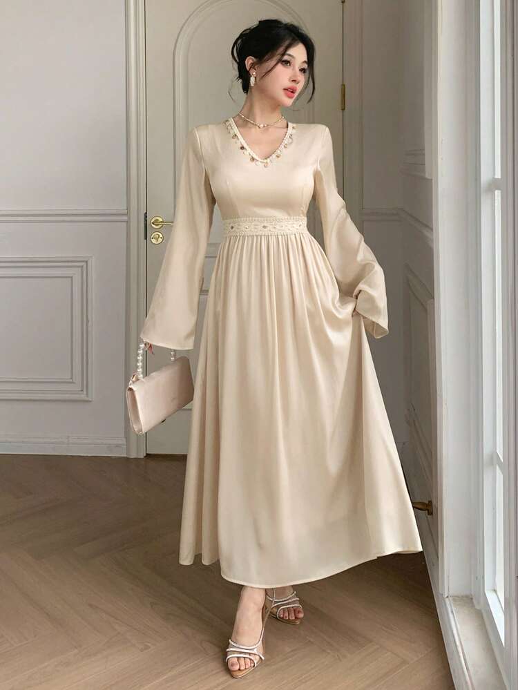 Women's Elegant Satin Waist Fitted Trumpet Sleeve Mid-Calf Dress With Beading Decor, Suitable For Commuting, Spring/Summer/Autumn,Dress For Wedding,Fall Women Clothes Long Sleeve Dress Maxi Dress