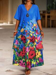 EMERY ROSE Plus Size Tropical Floral Print V-Neck Button Decor Asymmetrical Hem Short Sleeve Women's Dress, Suitable For Spring/Summer Plus Size Floral Dress Plus Size Maxi Summer Dress Floral Maxi Dress Plus Size Plus Size Floral Maxi Dress Summer Dresses For Women,Flowy Dress - Multicolor - View 3