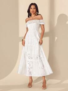 Almamuse 女士白色露肩花卉休闲长裙 - 白色 - 查看 3