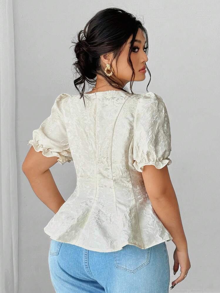 SHEIN Clasi Plus Size Women Floral Jacquard Knotted Front Puff Sleeve Elegant Blouse - Beige - View 6