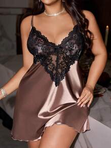 SilkySpell Plus Size Women Lace Patchwork Waist Hollow Sexy Cami Nightgown