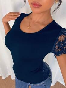Rafferiza 女士优雅性感系带后背T恤 - 藏蓝色 - 查看 4