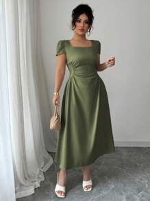 SHEIN Unity Plus Size Women French Elegant Casual/Vacation/Afternoon Tea Solid Color Square Collar Cinched Waist Flattering Puff Sleeve Midi Dress, Spring/Summer - Army Green - View 3