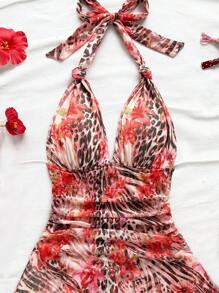 Soleia Abito aderente con scollo a V con stampa animalier e floreale, abito da vacanza, abito da spiaggia, abito da spiaggia con stampa floreale, abito da spiaggia rosso con stampa floreale, può essere indossato dentro o fuori, abito da vacanza per donna