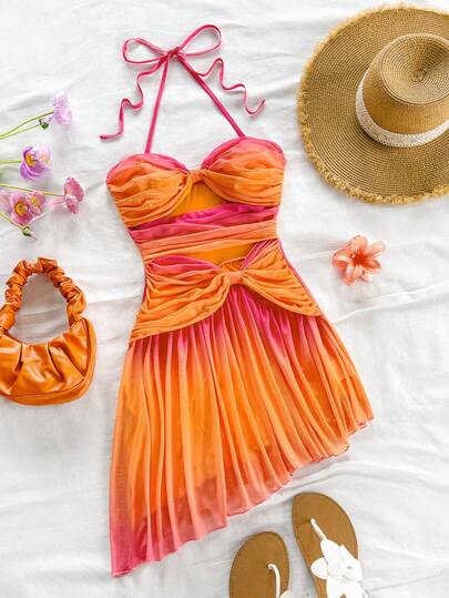 Soleia 度假浪漫渐变落日镂空百褶连衣裙