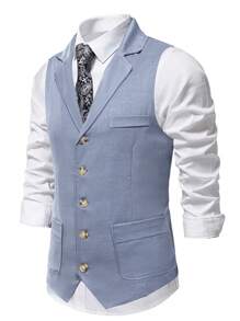 Manfinity Mode 男士马甲，男士商务休闲修身纯色正装马甲背心男士正装西装适合日常通勤商务、聚会和宴会。是送给男朋友或老公的绝佳礼物男士西装背心男士马甲浅蓝色男士马甲男士马甲男士正装马甲，老款风格 - 霧霾藍 - 查看 4