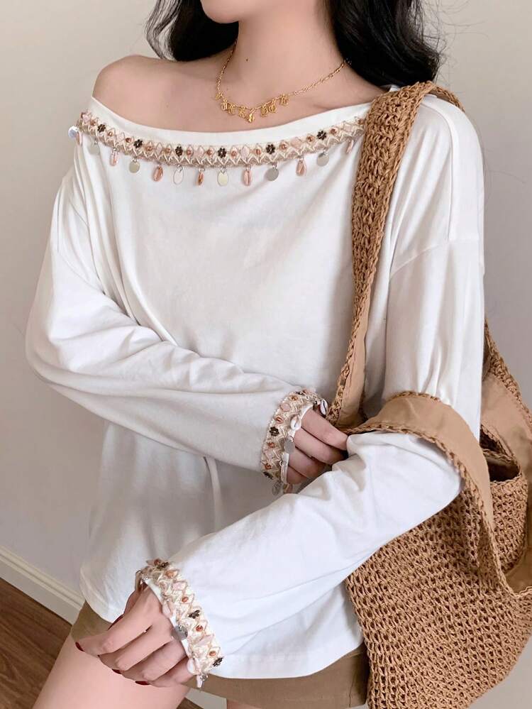 Women's Loose Casual Vacation Minimalist Sequin Decor Oblique Shoulder Long Sleeve T-Shirt, Suitable For Summer, Spring & Autumn Off Shoulder Top