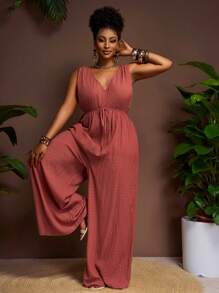 Veslaya 2025春夏新款大码女式无袖深V领系腰装饰绳阔腿裤，玫瑰色，编织纹理面料，休闲度假和日常穿着