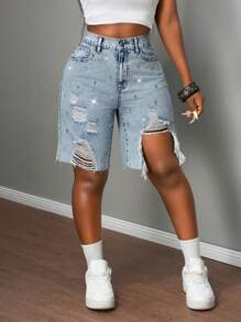 Slaydiva 新款女式牛仔短裤低腰宽松破洞五分裤宽松百慕大钻石装饰 / 浅蓝色牛仔短裤 / 秋季女装 / 返校季 / 女式乡村服装 / 乡村演唱会服装 / 复古女装 / 外出服装 / 女式机场服装 / 女式街头服饰 / Y2K 风格女装 - 淺色水洗藍 - 查看 4