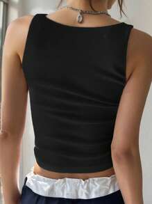 INAWLY Camiseta corta de mujer de verano, de unicolor, con cuentas - Negro - Ver 2