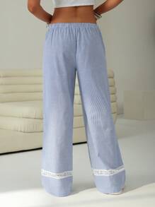 SHEIN EZwear Women Casual Daily Striped Contrast Lace-Up Waist Pants - Blue and White - View 2