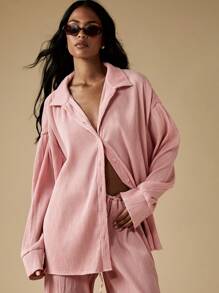 MISSGUIDED Plisse Pleated Oversized Loungewear Set Palazzo Drawstring Wide Leg Pants Button Down Lounge Shirt Chic Comfortable Homewear - Pink - View 3