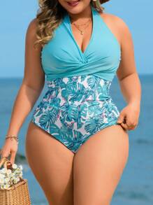 Swim Lushoire 大码女式随机热带树叶印花连体泳衣，修身时尚休闲简约畅销朴素 V 领连体泳衣比基尼 - 藍色 - 查看 1