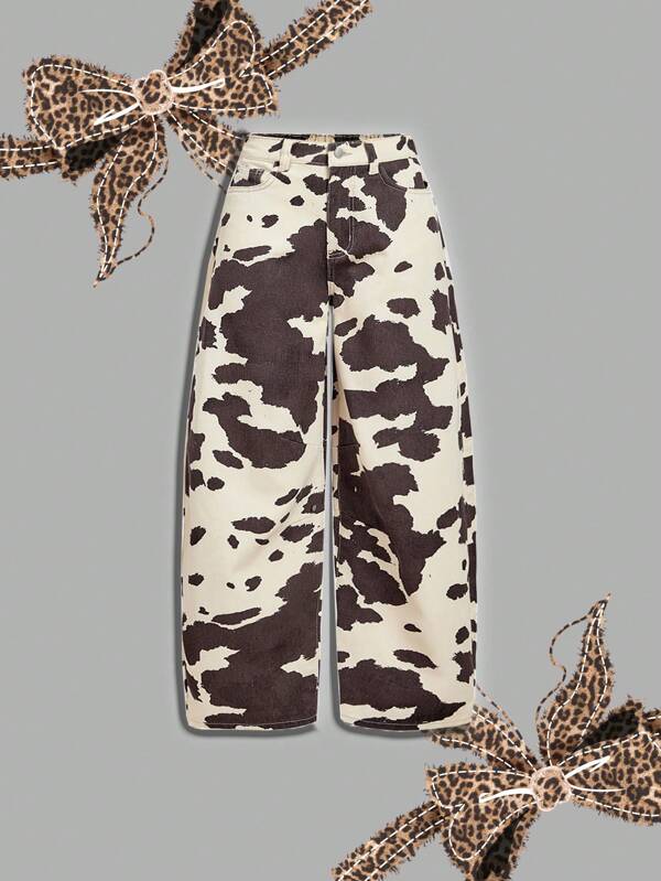 SHEIN PETITE Women's Cow Pattern Jeans Banana Pants Y2K Wide-Leg Pants Comfortable Elastic Waist With Pockets Summer Casual Wear