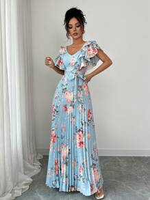 Elenzga V领数码印花荷叶边高腰浪漫优雅女士度假连衣裙 - 彩色 - 查看 4