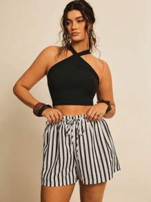 SHEIN VCAY Plus Size Vacation Casual Solid Halter Top And Striped Shorts 2Pcs Set Summer Boho Women's Clothing Brunch Outfits For Women Airport Outfit For Women Beach Vacation Outfits City Break Outfits Holiday Outfits