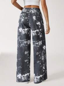 SHEIN EZwear Pantalones vaqueros holgados de pierna ancha con estampado de teñido anudado y talle bajo para mujer - Multicolor - Ver 2