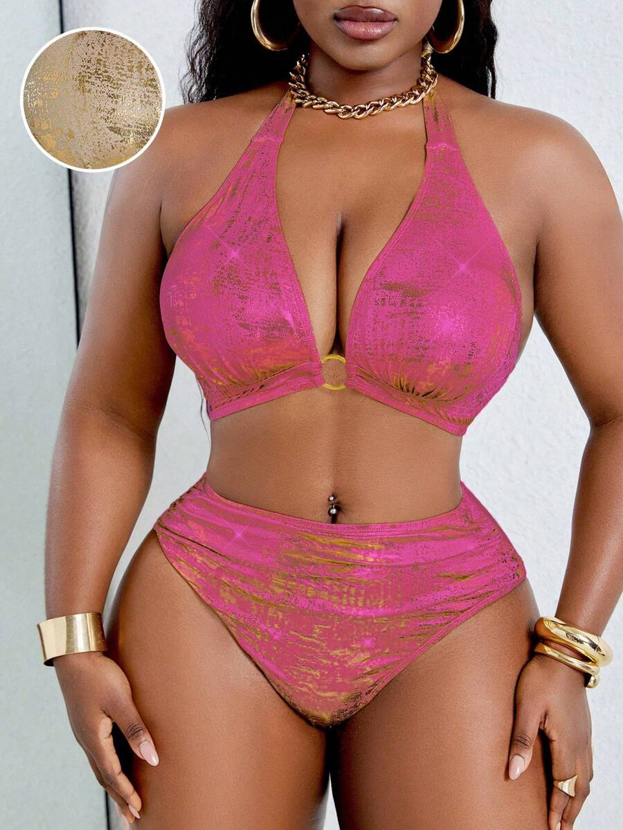 Slaydiva Conjunto de traje de baño sexy de tela metalizada para tallas grandes para fiestas