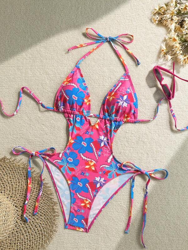 Soleia Damen tropischer vintage bunter Blume Muster V-Ausschnitt Cut Out rückenfreier einteiliger Badeanzug mit Bindung, für Urlaub