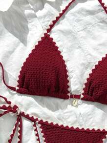 Swim Mod Women's Summer Solid Color Jacquard Fabric Ruffle Edge Adjustable Strap 2 Pieces Bikini Set - Red - View 4