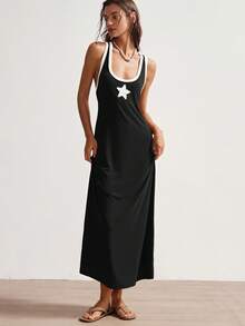 Bohemela Vestido ajustado de punto con bloques de color y espalda descubierta, estilo informal de vacaciones para mujeres - Blanco y Negro - Ver 4