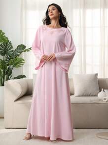 Yasmyna Robe décontractée élégante à col rond, de couleur unie avec patch floral, pour femme