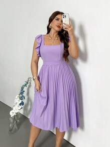 SHEIN Privé Plus Size Elegant And Intellectual Commuting Ruffled Short Sleeve Dress With Pleated Hem, Wedding Guest Dress - Mauve Purple - View 5
