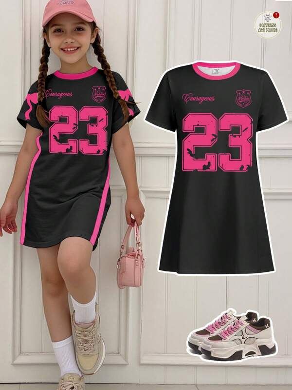 Tween Girl Casual Minimalist Short Sleeve Mid-Length Dress, Suitable For Summer