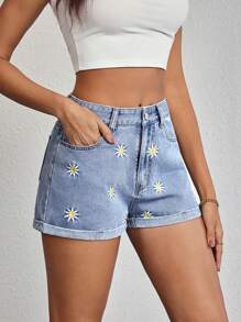 SHEIN Tall Damen Sommer Lässig Denim Shorts mit loser Passform, floraler Stickerei und gerolltem Saum - Blau - Übersicht 4