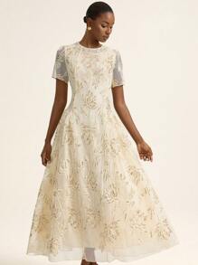 Aveloria Rosie French Style Elegant And Romantic Women's Dress. Simple & Generous Design, Subtle Luxury, Delicate Embroidery & Beaded Decor, Round Neck, Waist Cincher, Flared Skirt Silhouette, Ankle Length Dress - Apricot - View 6