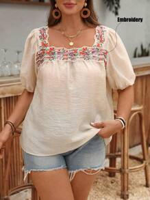 SHEIN LUNE Plus Size Women Floral Patchwork Sheer Short Puff Sleeve Fashionable Blouse - Apricot - View 4