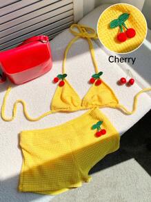 Comfortcana 女士度假樱桃装饰露背上衣和短裤套装 - 黃色 - 查看 1