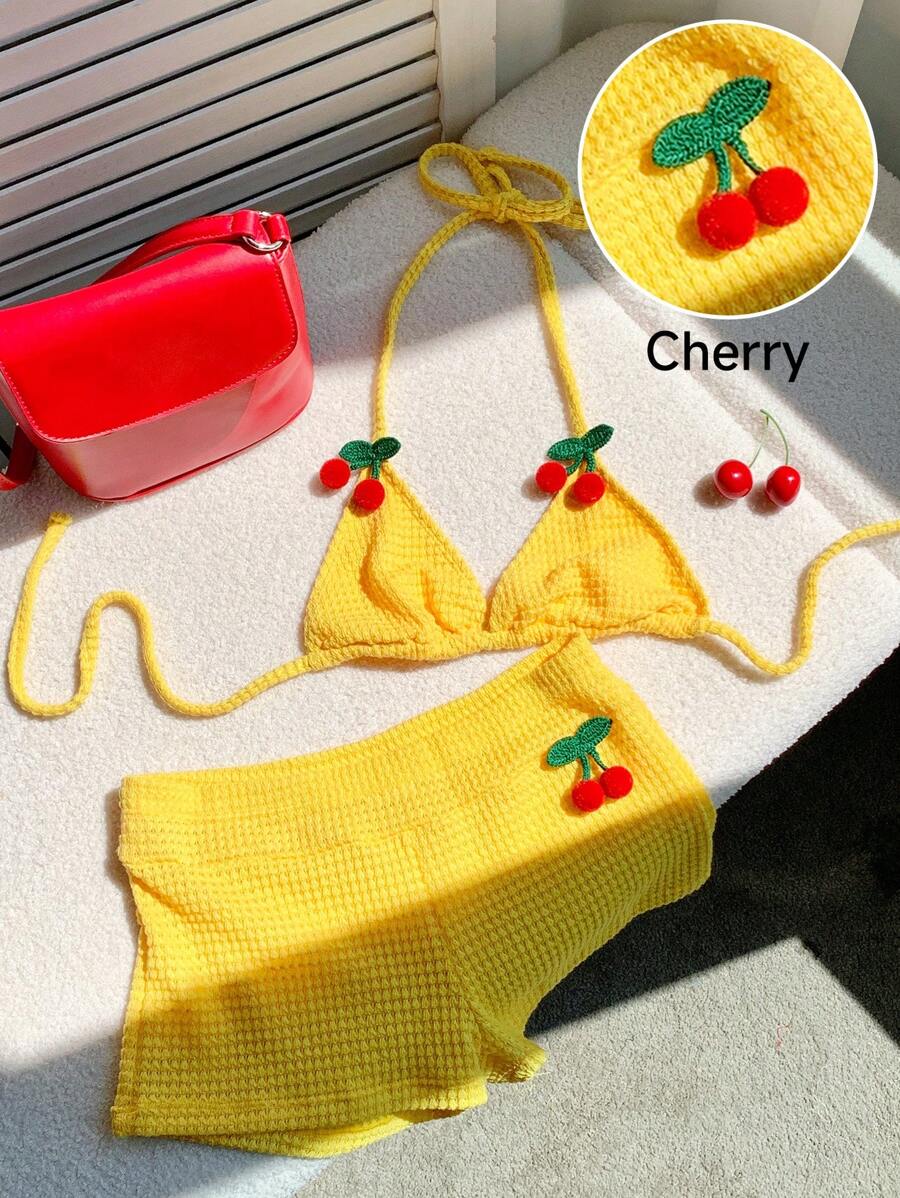 Comfortcana 女士度假樱桃装饰露背上衣和短裤套装 - 黃色 - 查看 1