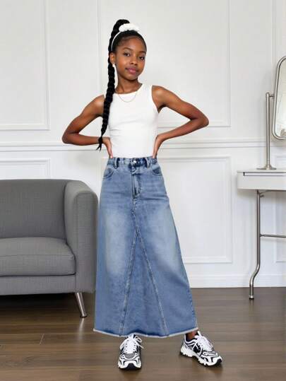 Sparklyn 13 岁以上少女必备高腰口袋设计长款休闲百搭牛仔裙，A 字型修身长裙，经典 5 口袋设计，做旧复古水洗，磨损下摆更显时尚，全年必备休闲时尚牛仔单品，Y2K 复古时尚街头校园女孩造型