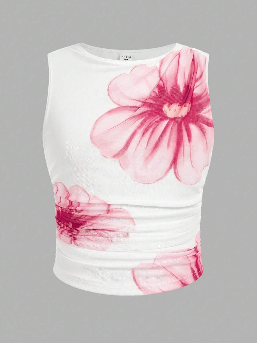 Tween Girl Elegant Large Flower Pattern Mesh Sheer Print Ruched Cami Tank - Pink - View 1