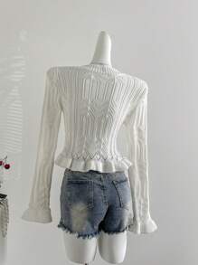 Sweetra 女士甜美纯白色镂空针织波浪前结长袖薄款开衫 - 白色 - 查看 2