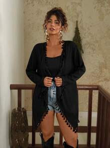 Travachic Plus Size Women Casual Loose Tassel Trim Cardigan, Long Sleeve Thin Open Front Outwear Black Cardigan Summer Cardigan For Women Black Coverups For Women  Black Tassel Cardigan,Fall Women Clothes