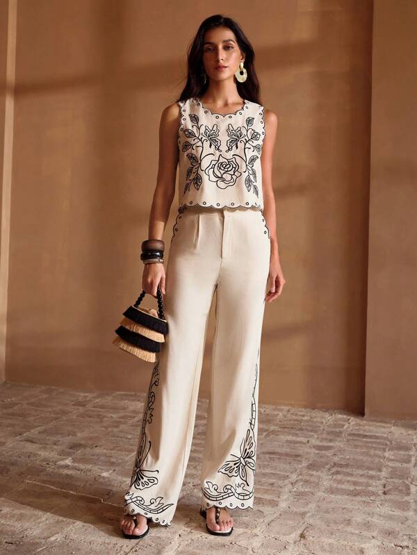 MOTF PREMIUM EMBROIDERY FLORAL AND BUTTERFLY PATTERN SCALLOP EDGE TANK TOP